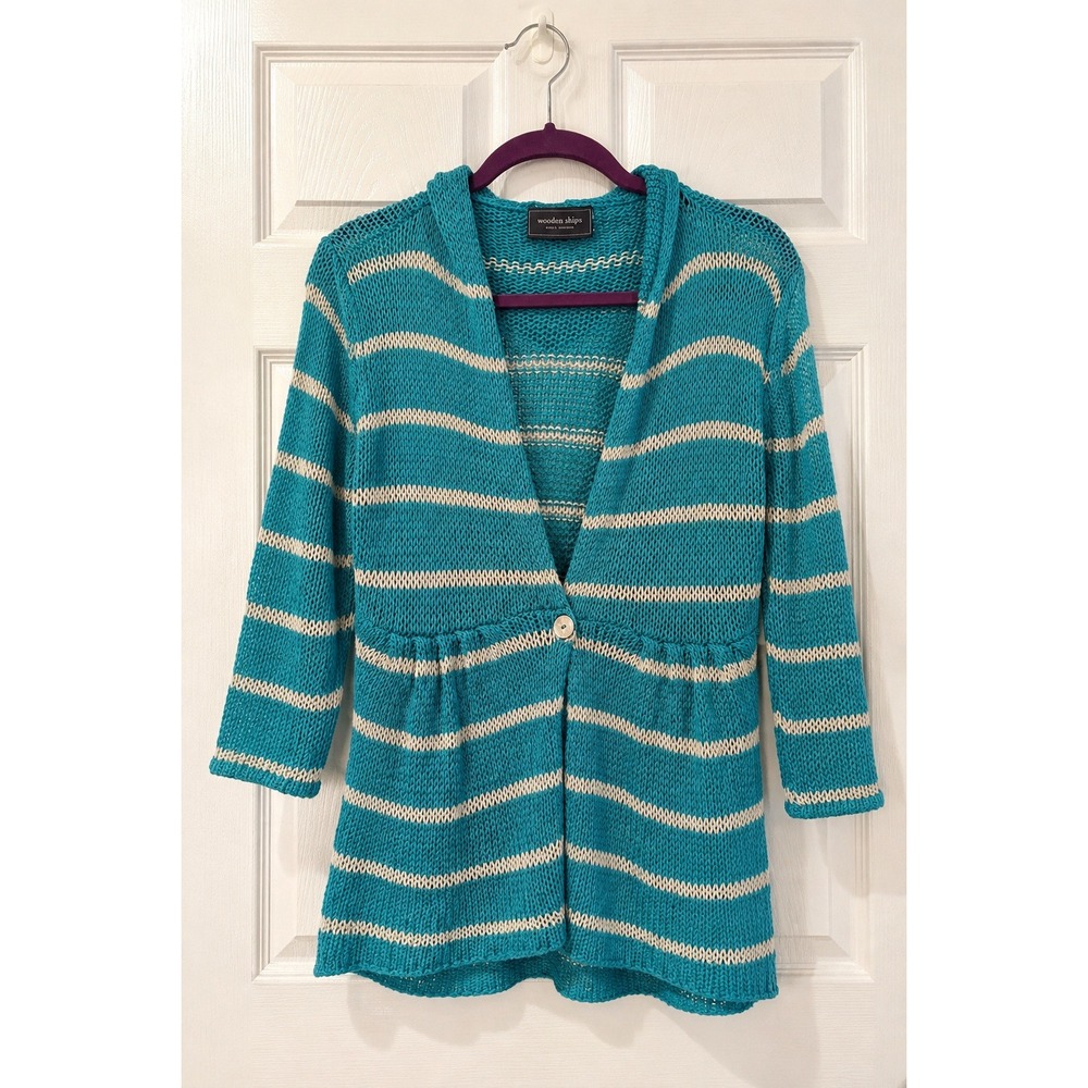 Wooden Ships Cardigan M Teal White Striped Hooded Cotton Blend Coastal Nautical